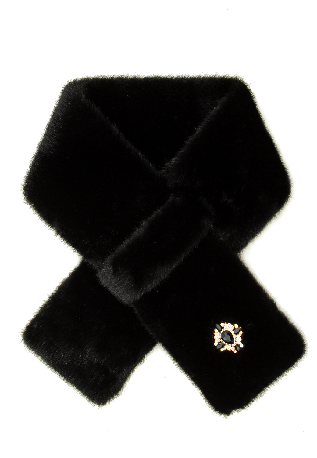 SCIARPINA FAUX FUR FAKE MINK CON BOTTONE GIOIELLO,100%PL,MADE IN PRC    - BLACK